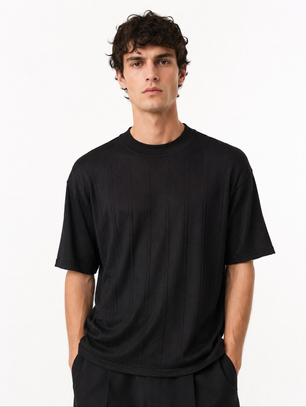 Dolmani Black Silk Knit Men T-shirt Ribbed CrewNeck Short Sleeve Minimalist